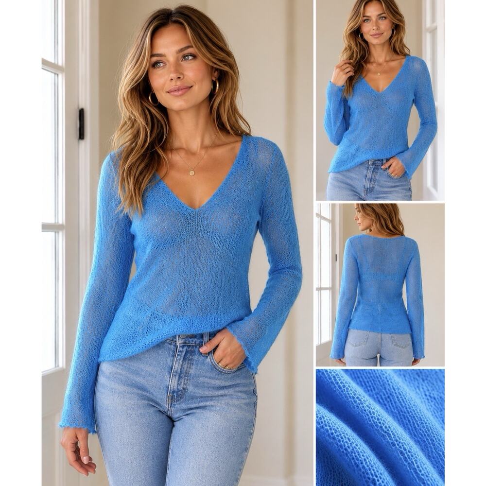 Vintage 90s Ann Taylor Mohair Sweater M Blue Sheer V-Neck Flare Sleeve Pullover
